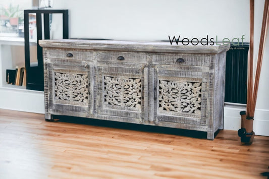 Buffet sculpté à la main, unités de rangement d’armoires, finition en bois massif indien en détresse, meubles de chambre à coucher de salon, buffet sculpté à la main