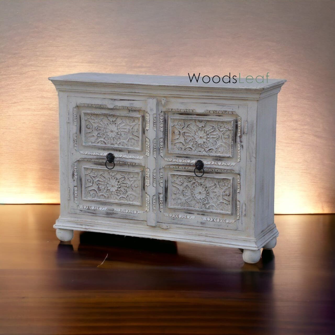 Buffet sculpté de fleurs à la main, unités de rangement d’armoires, bois massif indien, finition en détresse, meubles de chambre à coucher de salon, buffet sculpté