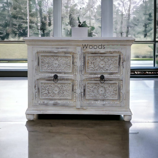 Buffet sculpté de fleurs à la main, unités de rangement d’armoires, bois massif indien, finition en détresse, meubles de chambre à coucher de salon, buffet sculpté