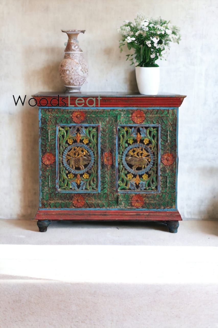 Unités de rangement d’armoire de buffet sculptées à fleurs à la main, bois massif indien, finition en détresse, meubles de chambre à coucher, buffet multicolore