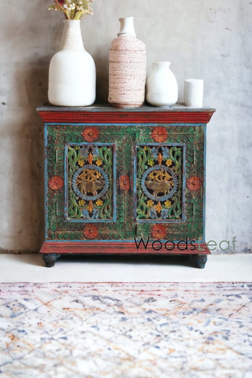 Unités de rangement d’armoire de buffet sculptées à fleurs à la main, bois massif indien, finition en détresse, meubles de chambre à coucher, buffet multicolore