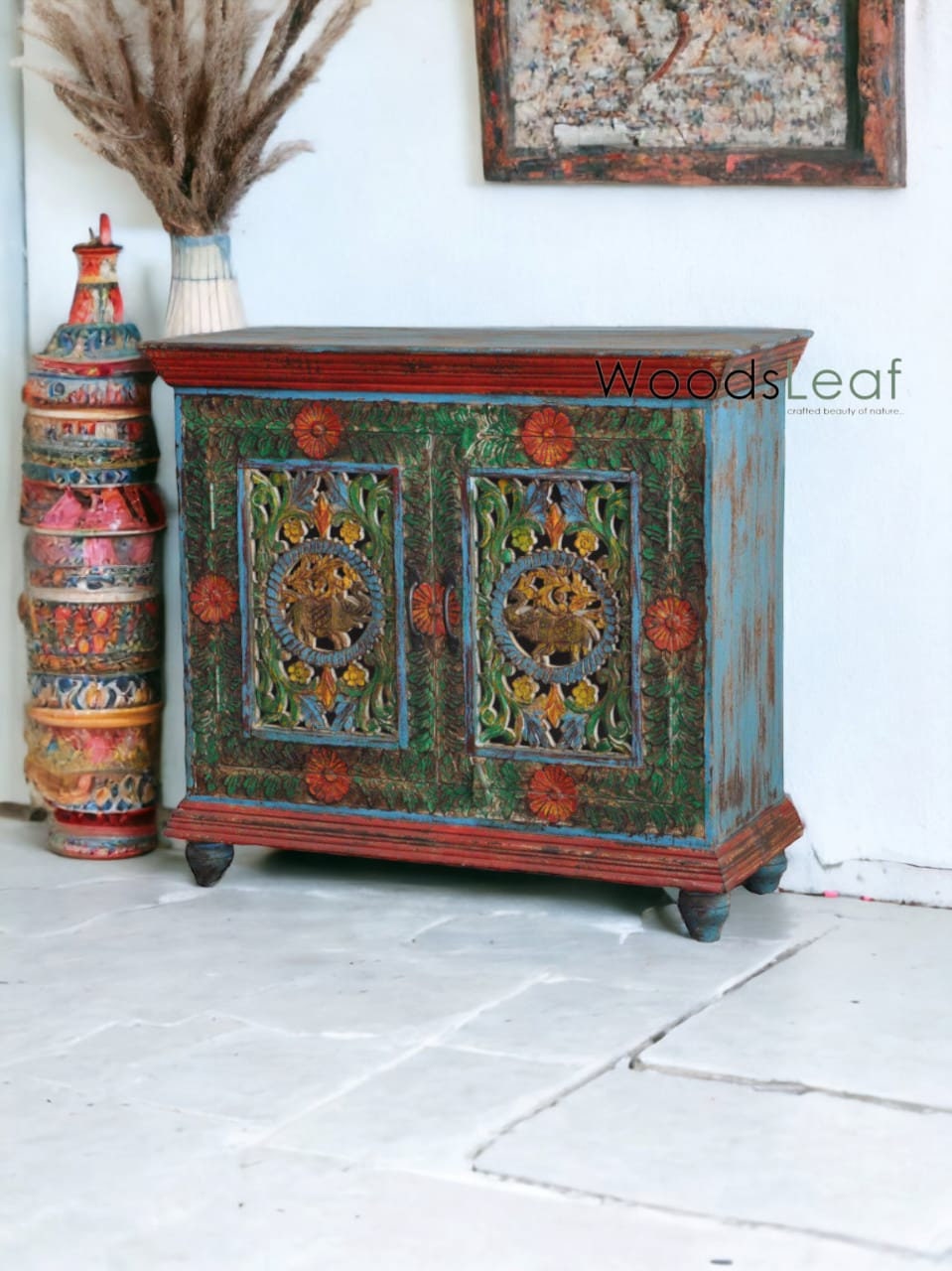 Unités de rangement d’armoire de buffet sculptées à fleurs à la main, bois massif indien, finition en détresse, meubles de chambre à coucher, buffet multicolore