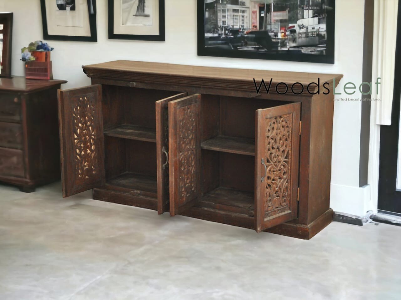 Buffet sculpté à la main, unités de rangement d’armoire, finition en bois massif indien en détresse, meubles de chambre à coucher de salon, buffet sculpté à la main