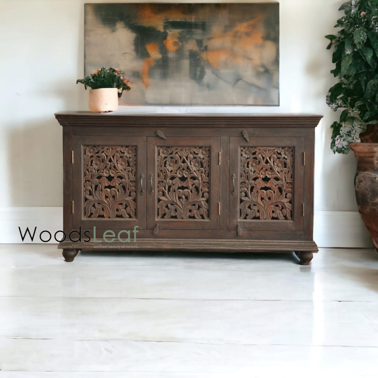 Buffet sculpté à la main, unités de rangement d’armoire, finition en bois massif indien en détresse, meubles de chambre à coucher de salon, buffet sculpté à la main