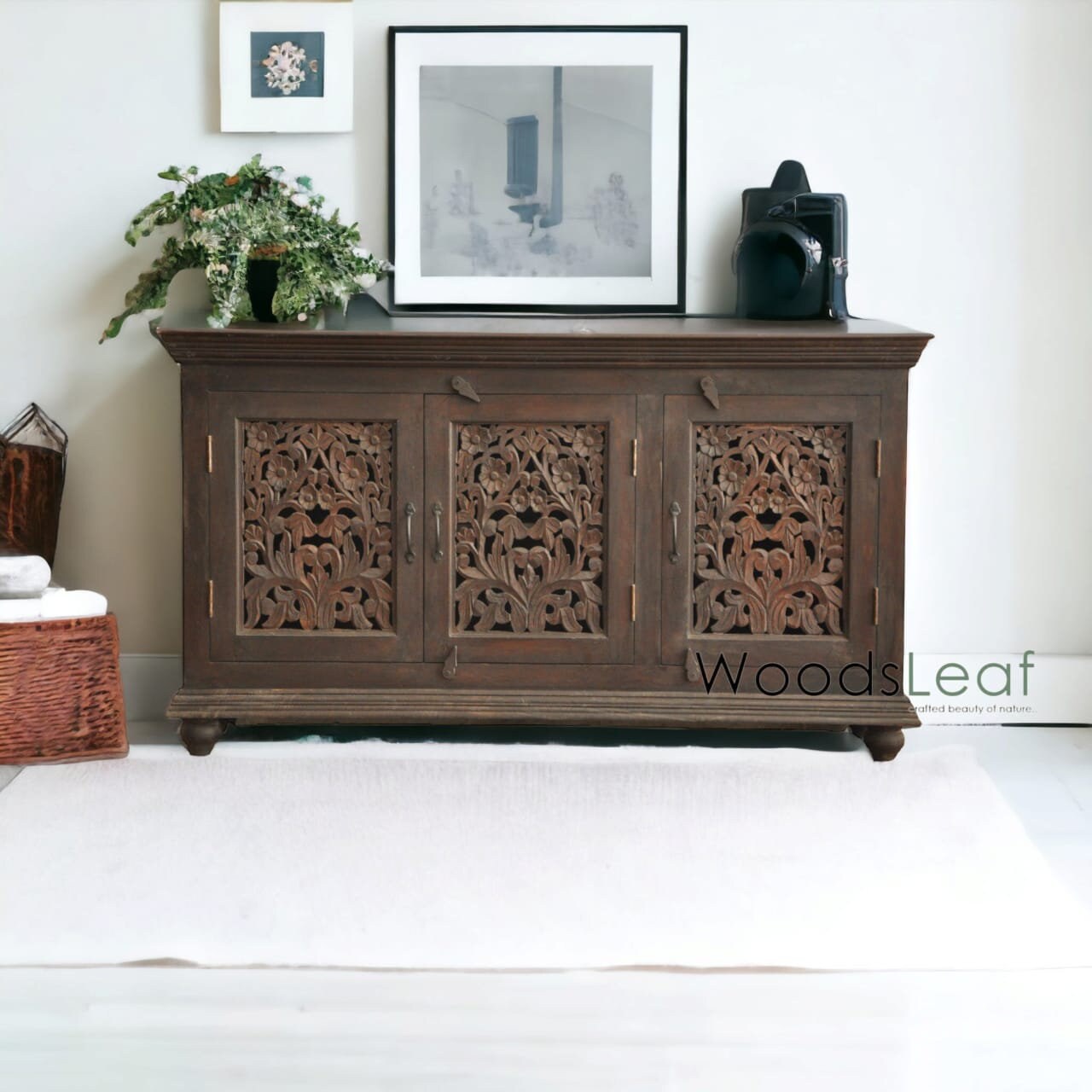 Buffet sculpté à la main, unités de rangement d’armoire, finition en bois massif indien en détresse, meubles de chambre à coucher de salon, buffet sculpté à la main
