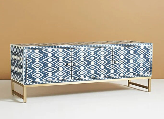 Medienschrank mit Bone-Inlay-Muster, blaue Medienkonsole mit Bone-Inlay, Barschrank mit Bone-Inlay, TV-Schrank mit Bone-Inlay, Wohnzimmermöbel