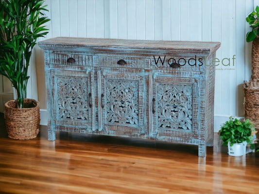 Buffet sculpté à la main, unités de rangement d’armoires, finition en détresse bleue en bois massif indien, meubles de chambre à coucher de salon, buffet sculpté à la main