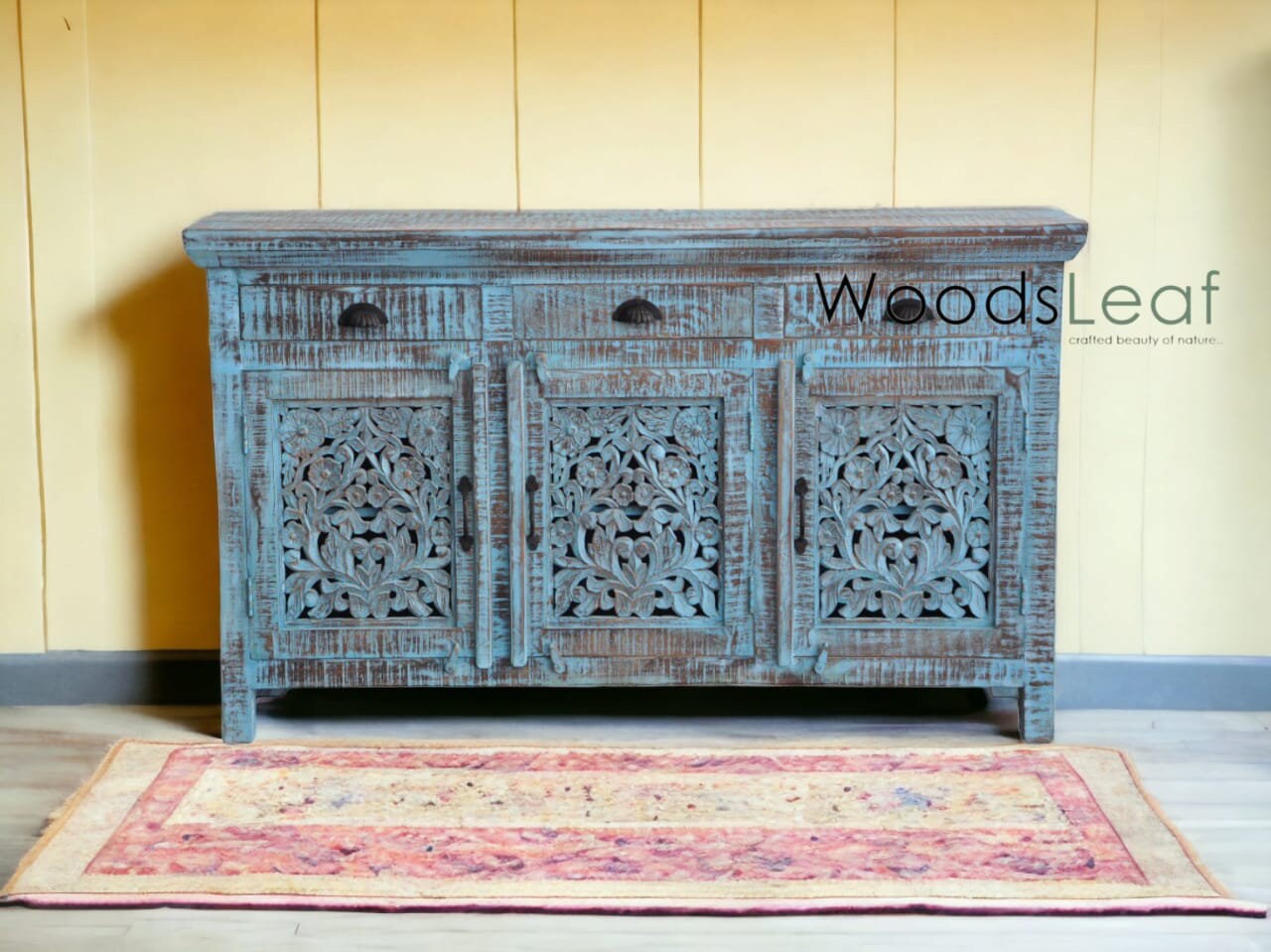 Buffet sculpté à la main, unités de rangement d’armoires, finition en détresse bleue en bois massif indien, meubles de chambre à coucher de salon, buffet sculpté à la main