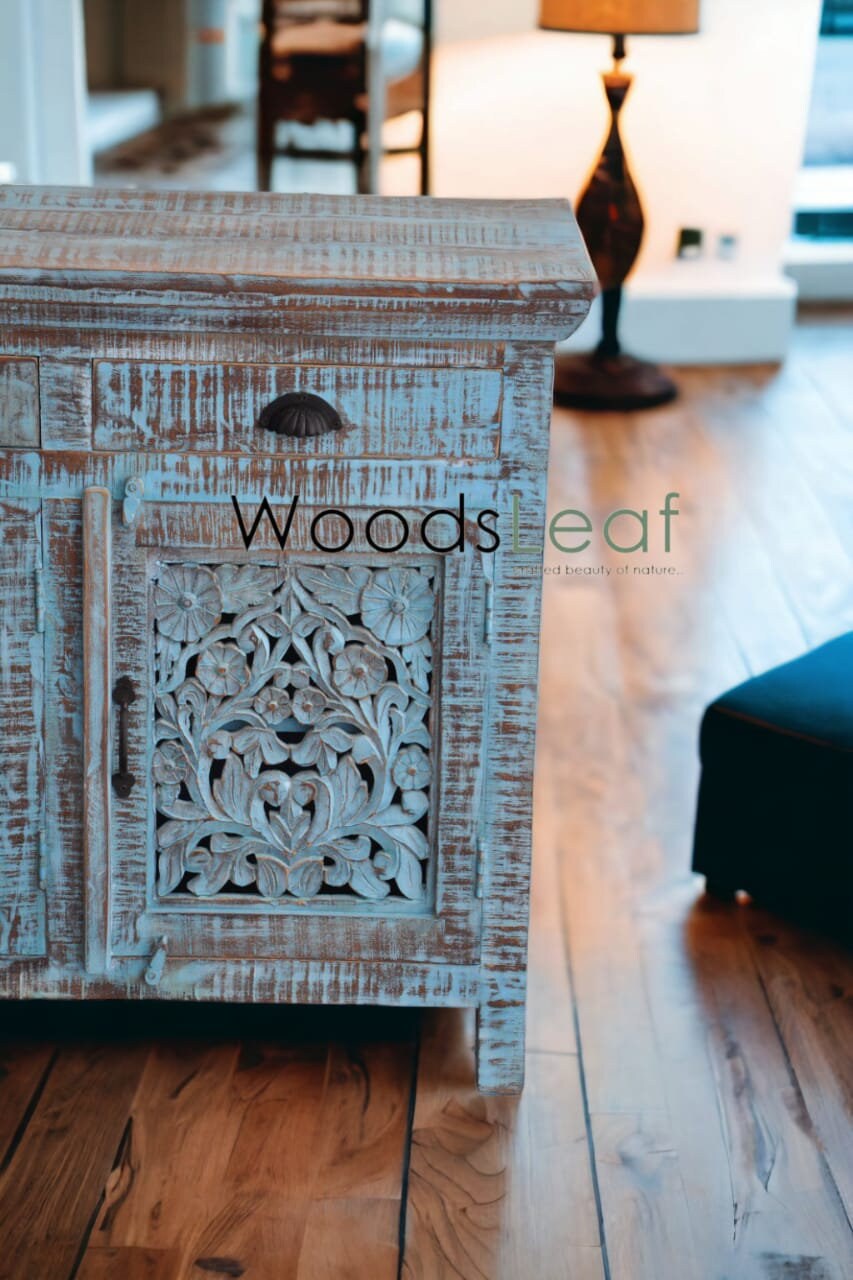 Buffet sculpté à la main, unités de rangement d’armoires, finition en détresse bleue en bois massif indien, meubles de chambre à coucher de salon, buffet sculpté à la main