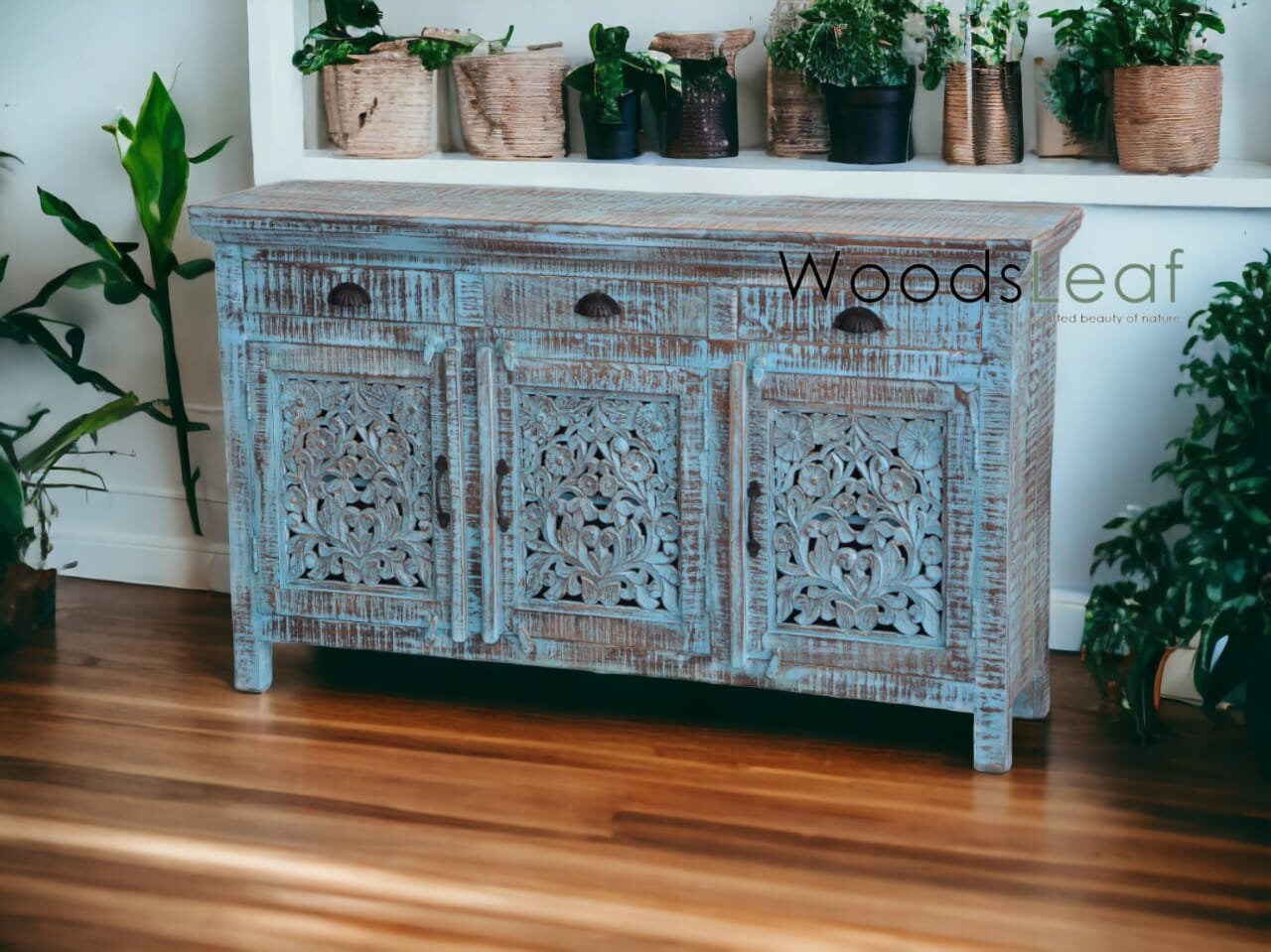 Buffet sculpté à la main, unités de rangement d’armoires, finition en détresse bleue en bois massif indien, meubles de chambre à coucher de salon, buffet sculpté à la main