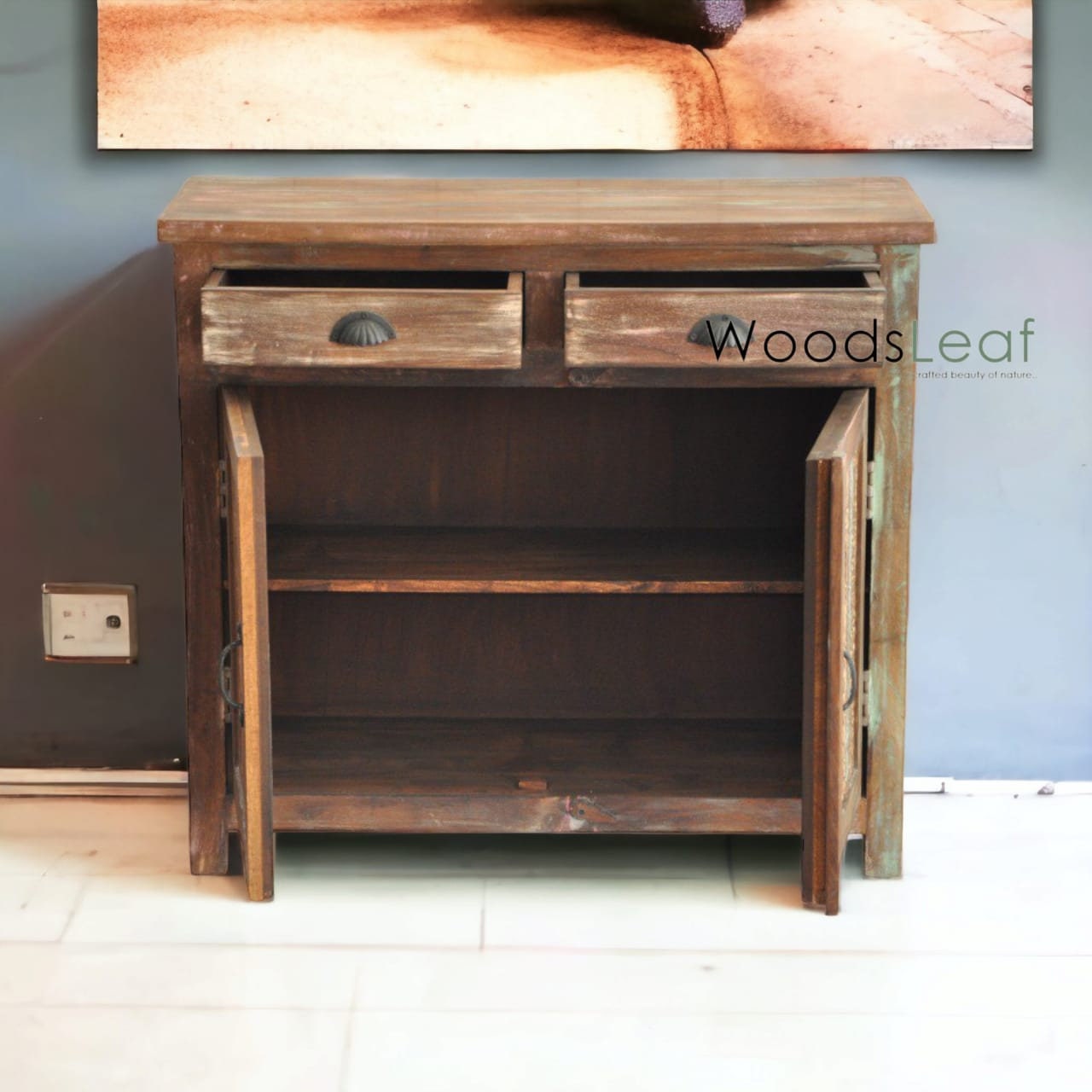 Unités de rangement d’armoire de buffet sculptées à la main, bois massif indien, finition en détresse, meubles de chambre à coucher, buffet multicolore
