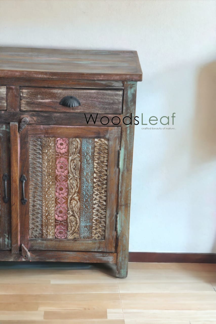 Unités de rangement d’armoire de buffet sculptées à la main, bois massif indien, finition en détresse, meubles de chambre à coucher, buffet multicolore