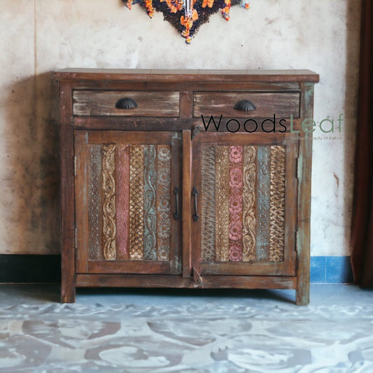 Unités de rangement d’armoire de buffet sculptées à la main, bois massif indien, finition en détresse, meubles de chambre à coucher, buffet multicolore