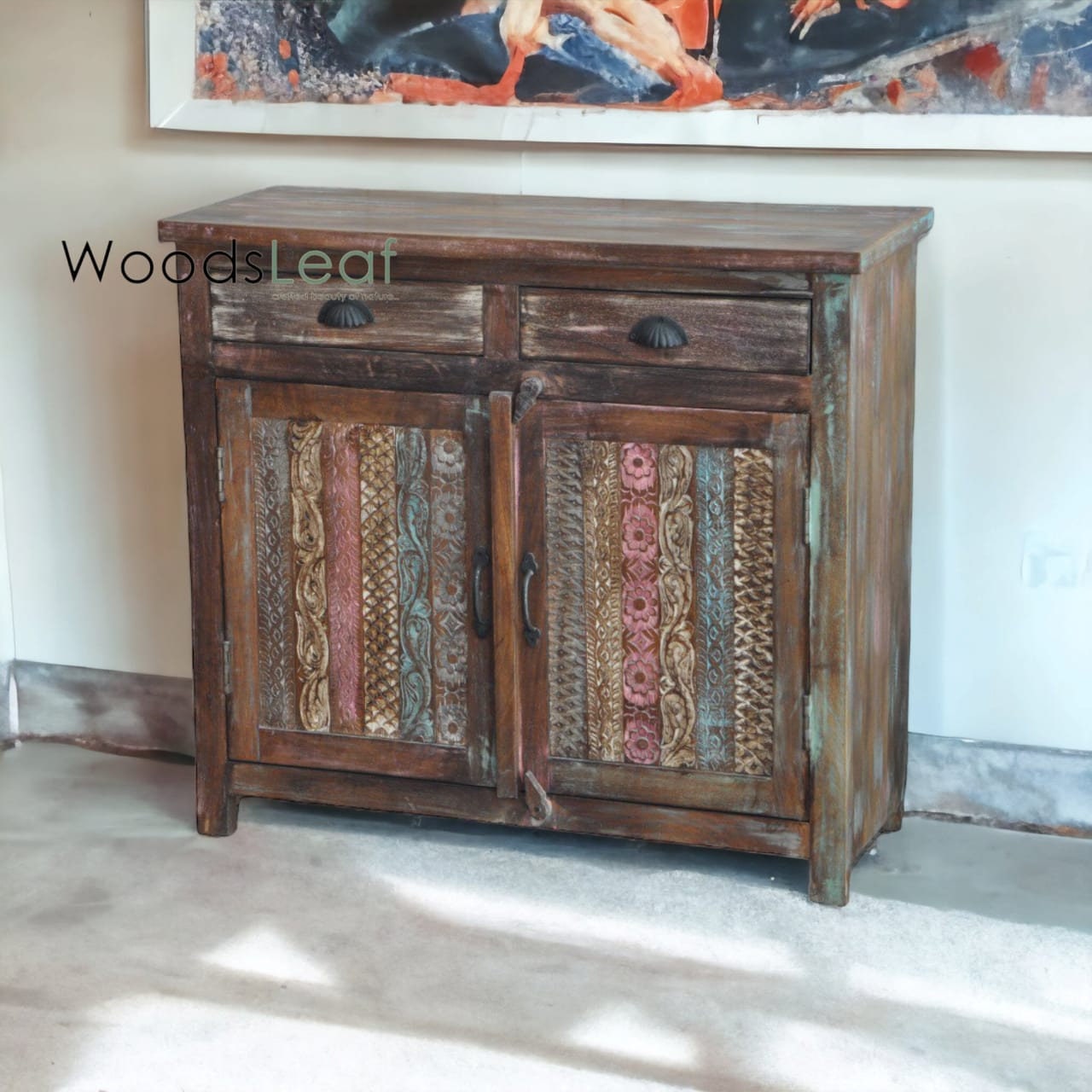 Unités de rangement d’armoire de buffet sculptées à la main, bois massif indien, finition en détresse, meubles de chambre à coucher, buffet multicolore