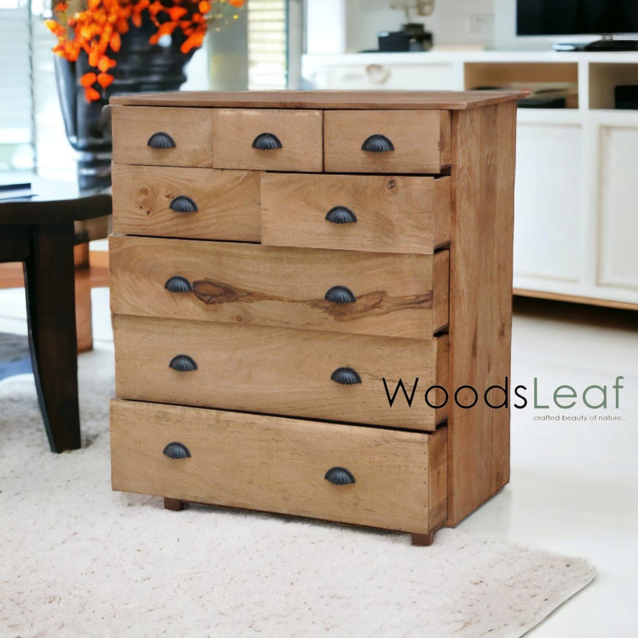 Commode faite à la main, unités de rangement, finition naturelle indienne, meubles de chambre à coucher de salon 8 tiroirs