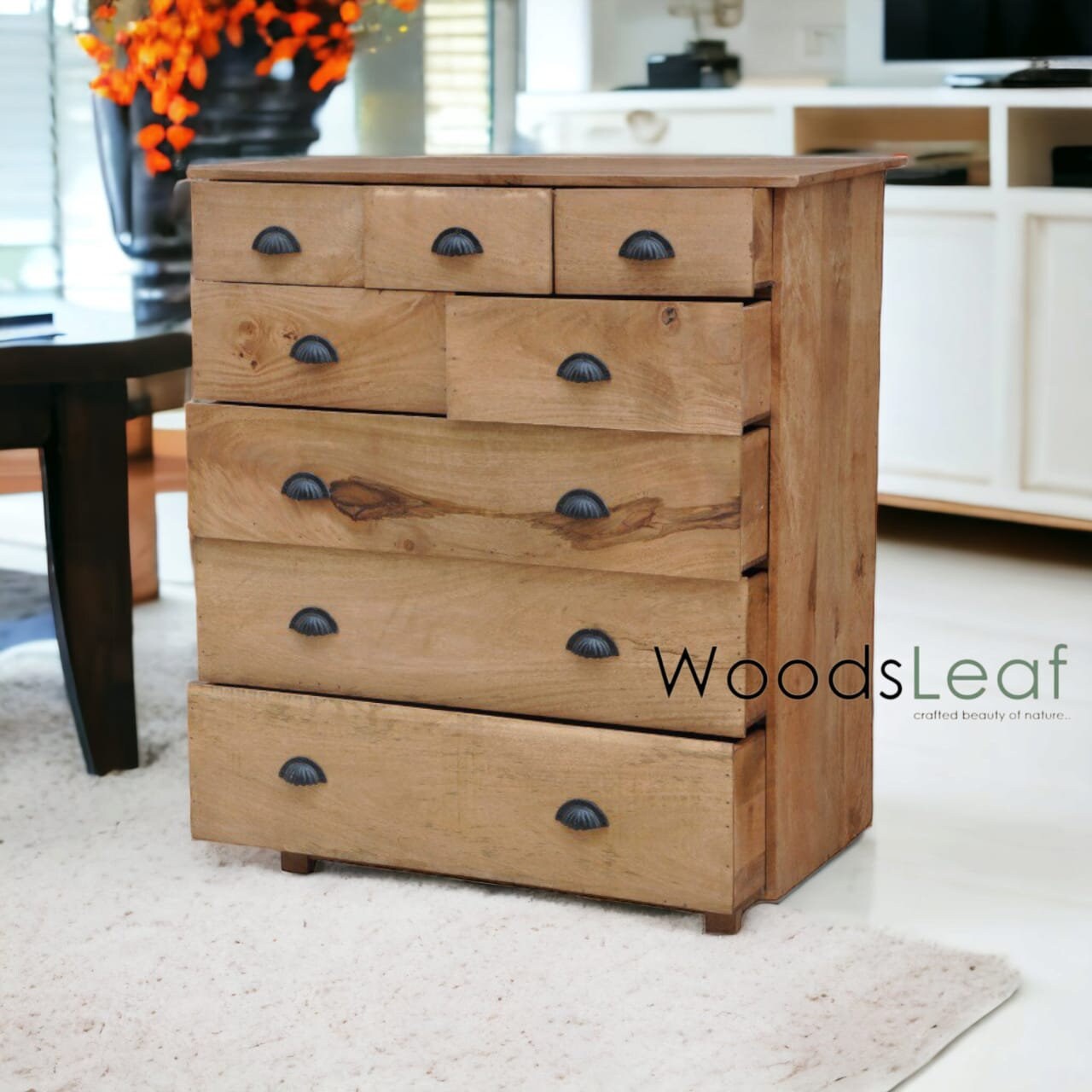 Commode faite à la main, unités de rangement, finition naturelle indienne, meubles de chambre à coucher de salon 8 tiroirs