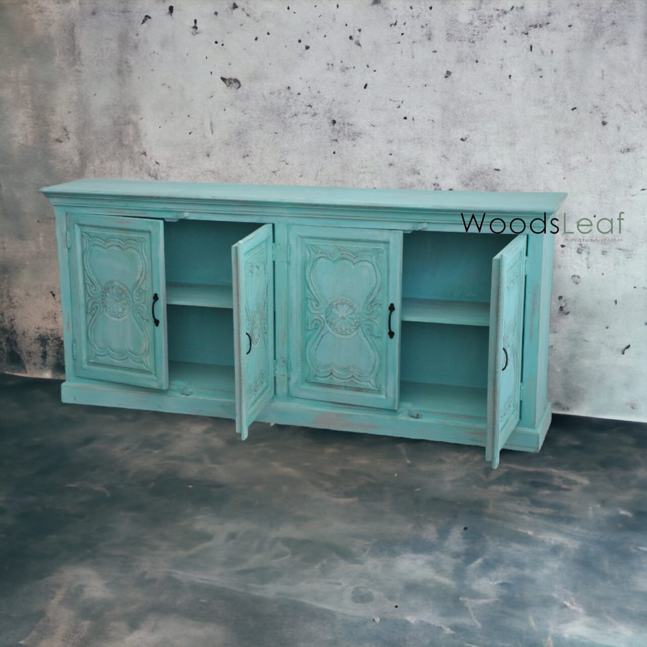 Handgeschnitztes Sideboard, Schrankaufbewahrungseinheiten, indisches Massivholz mit blauem Distressed-Finish, Wohnzimmer-Schlafzimmermöbel, handgeschnitztes Sideboard