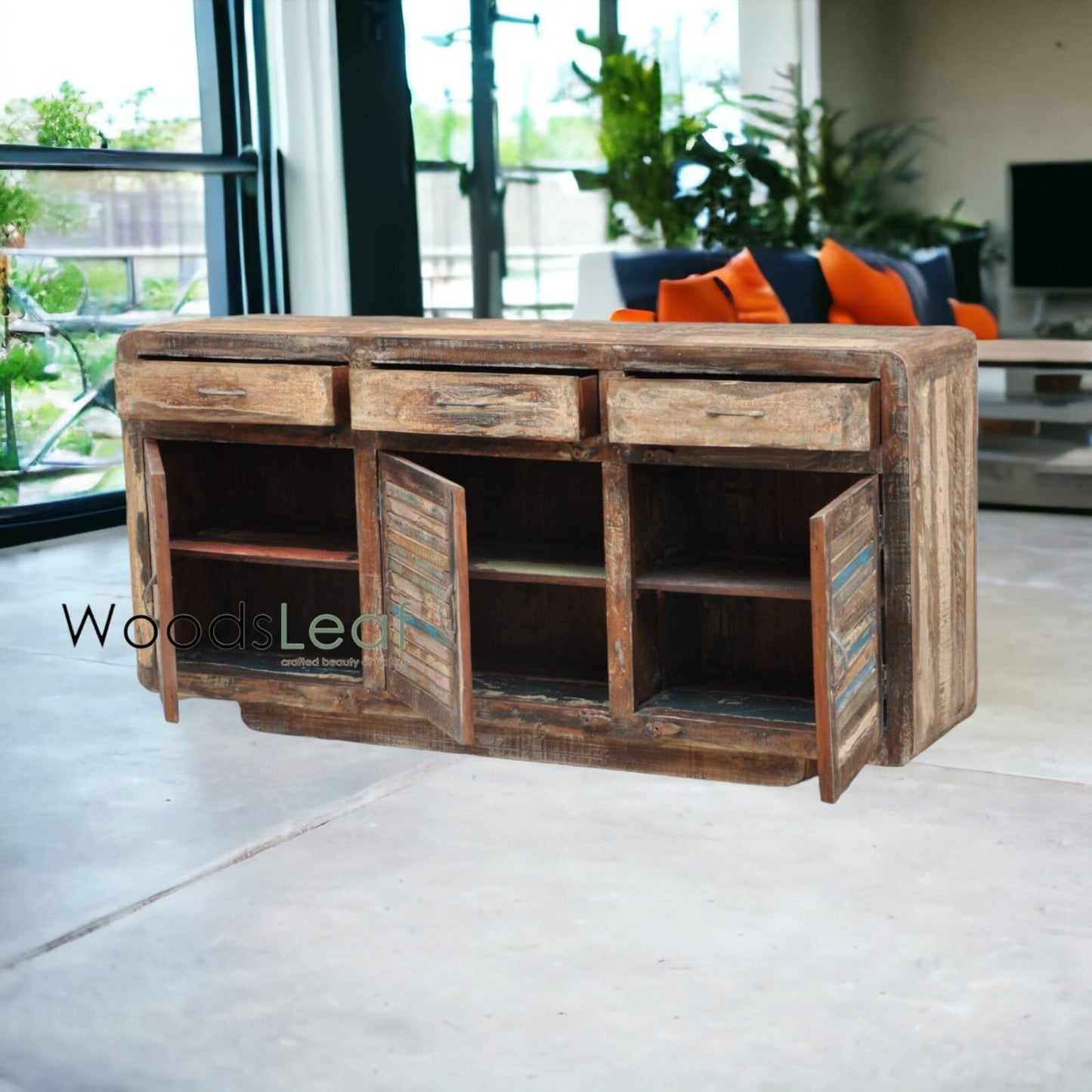 Finition vieillie en bois massif indien, buffet sculpté à la main, unités de rangement d’armoire, meubles de chambre à coucher de salon, buffet sculpté à la main