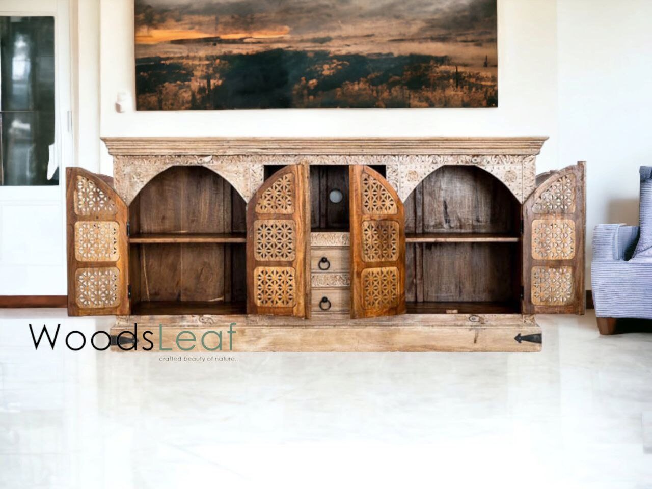 Handgeschnitztes Sideboard, Schrankaufbewahrungseinheiten, indisches Massivholz mit natürlichem Finish, Wohnzimmer-Schlafzimmermöbel