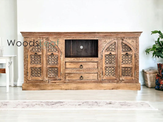 Buffet sculpté à la main, unités de rangement d’armoires, finition naturelle en bois massif indien, meubles de chambre à coucher de salon