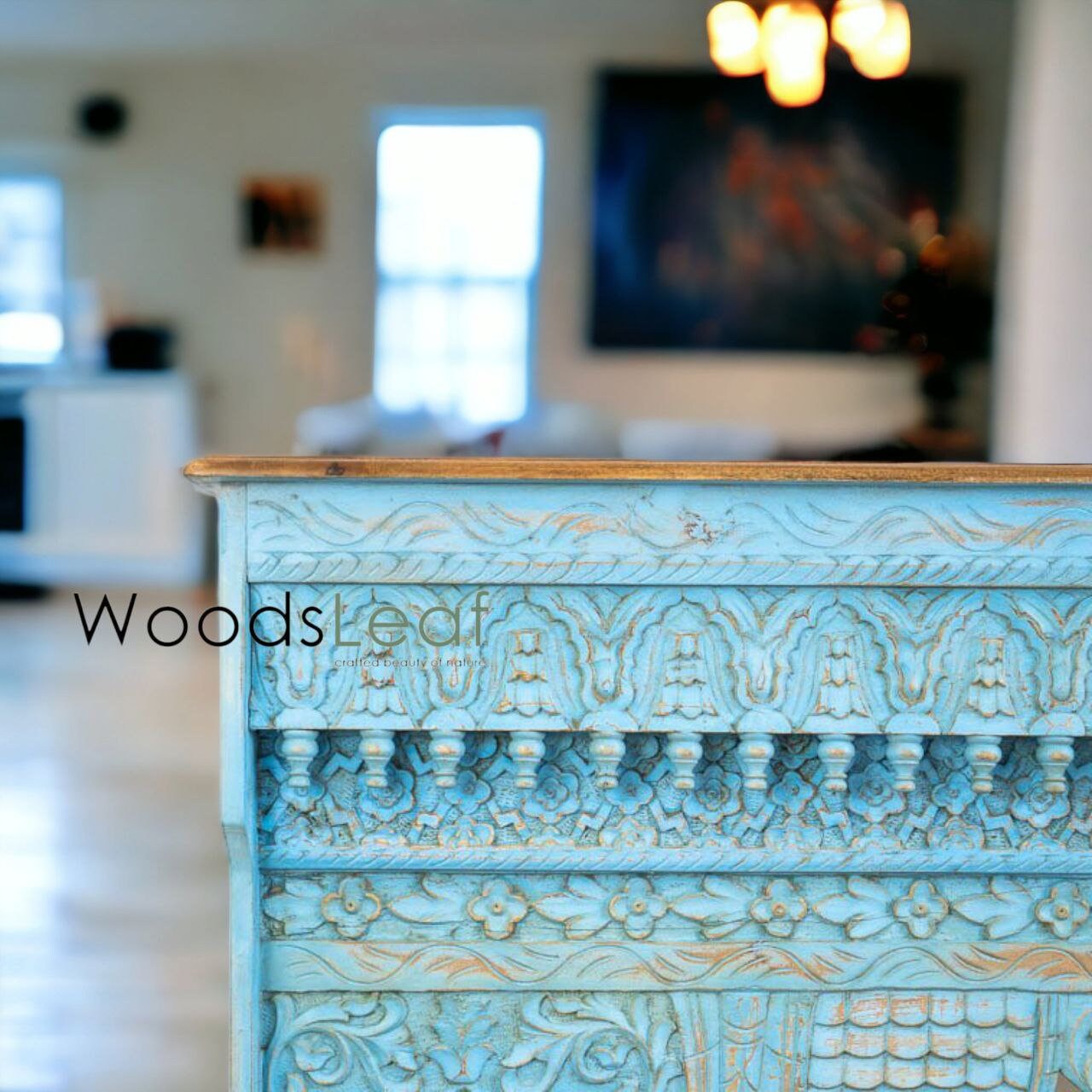 Table console d’inspiration vintage/Console rustique en bois/Console indienne sculptée/Décor d’entrée complexe/Table console Mehrab en détresse bleue
