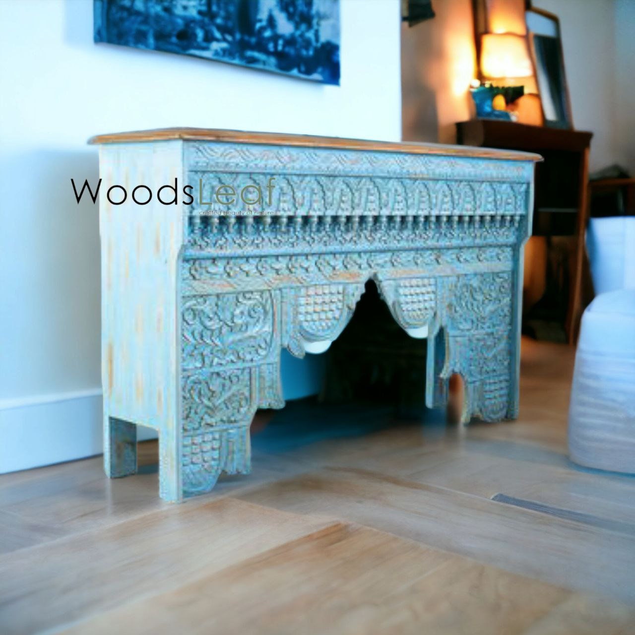 Table console d’inspiration vintage/Console rustique en bois/Console indienne sculptée/Décor d’entrée complexe/Table console Mehrab en détresse bleue