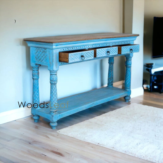 Table console d’inspiration vintage/Console rustique en bois/Console indienne sculptée/Décor d’entrée complexe/Table console en détresse bleue 3 tiroirs