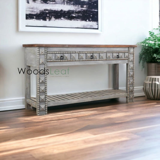 Table de console d’inspiration vintage/Console rustique en bois/Console indienne sculptée/Décor d’entrée complexe/Table de console en détresse grise