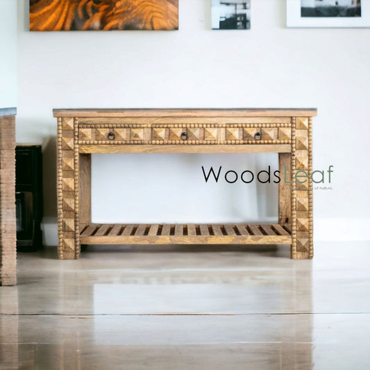 Table console d’inspiration vintage/Console rustique en bois/Console indienne sculptée/Décor d’entrée complexe/Table console finition naturelle