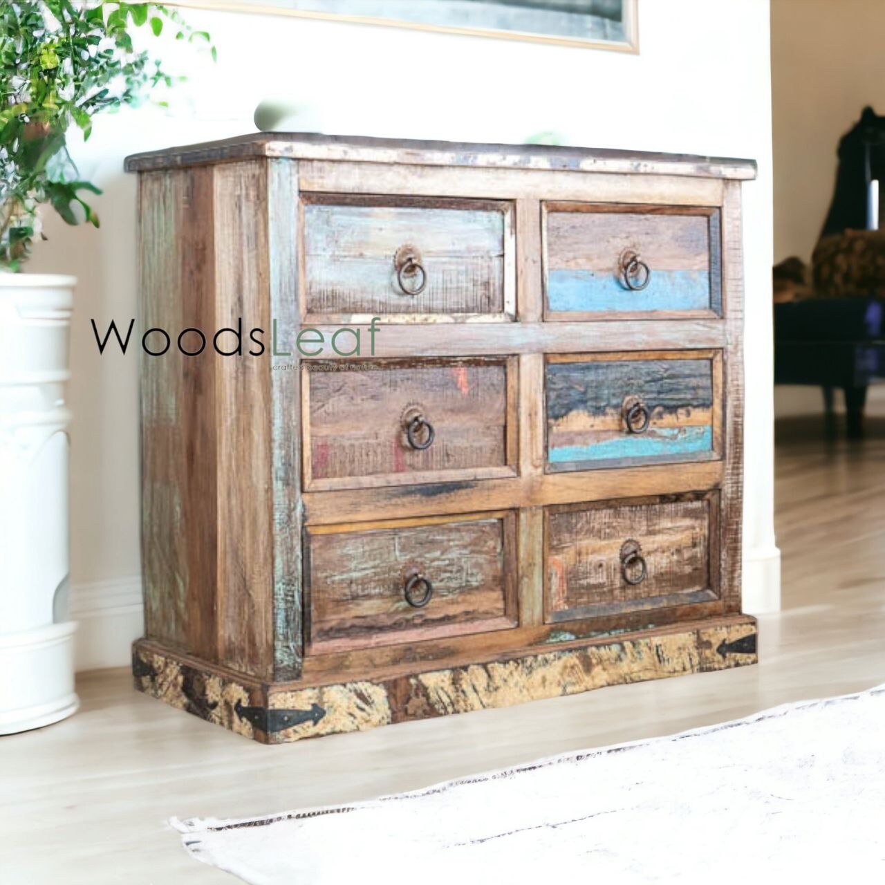 Buffet en bois fait à la main, unités de rangement d’armoires, finition en bois massif indien en détresse, meubles de chambre à coucher de salon, grand buffet 6 tiroirs