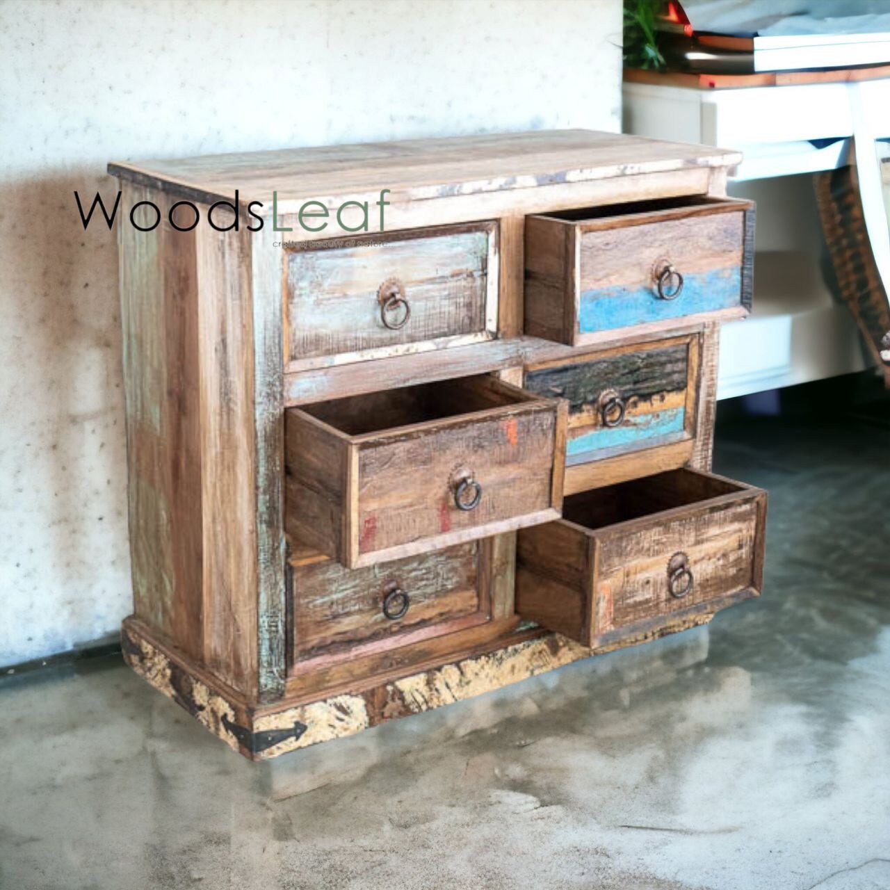 Buffet en bois fait à la main, unités de rangement d’armoires, finition en bois massif indien en détresse, meubles de chambre à coucher de salon, grand buffet 6 tiroirs