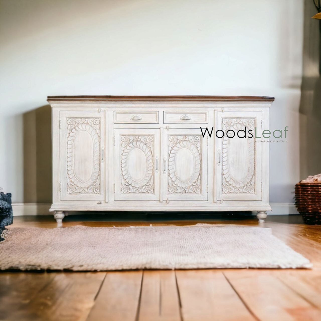 Buffet sculpté à la main, unités de rangement d’armoire, finition en bois massif indien en détresse, meubles de chambre à coucher de salon, buffet sculpté à la main