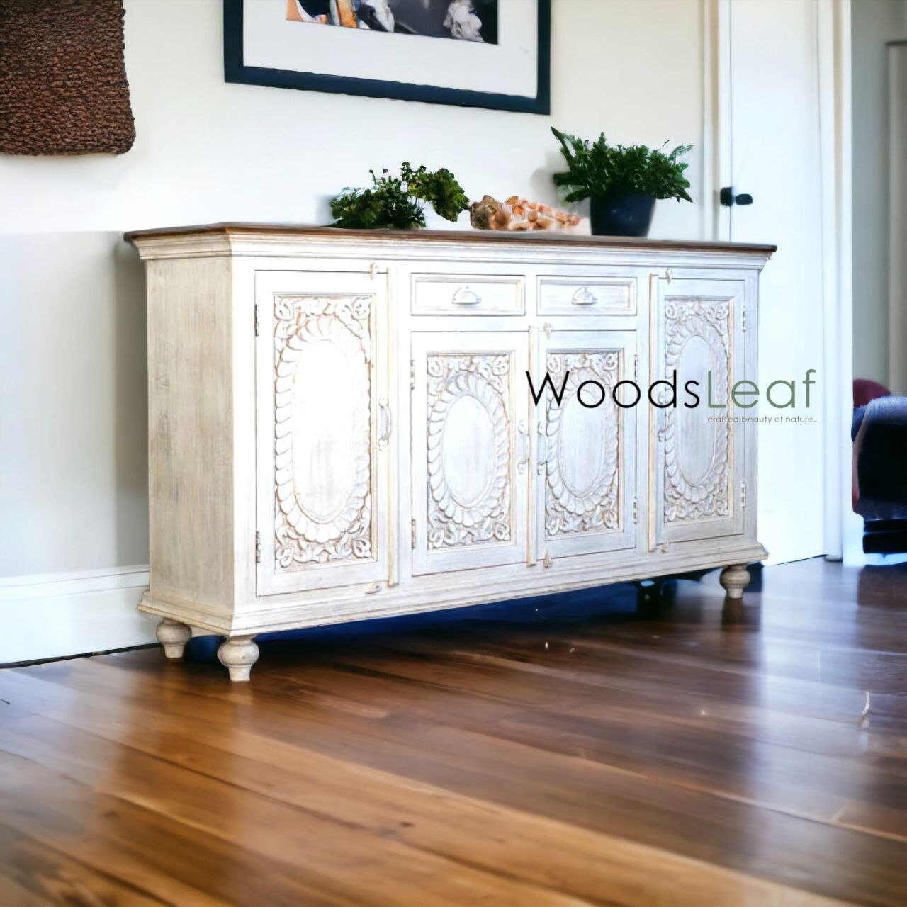 Buffet sculpté à la main, unités de rangement d’armoire, finition en bois massif indien en détresse, meubles de chambre à coucher de salon, buffet sculpté à la main