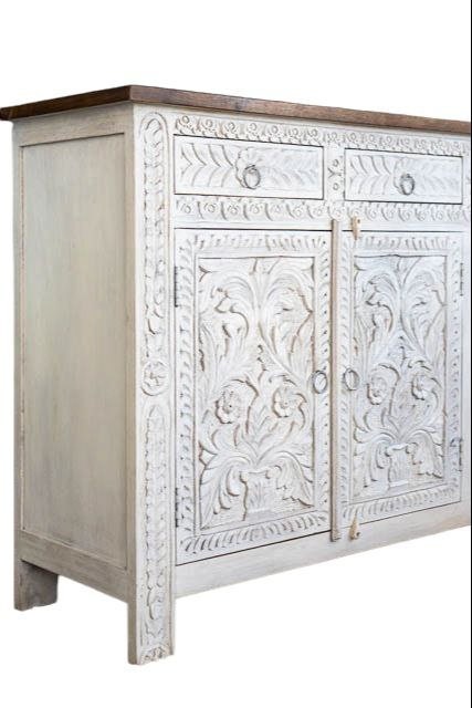 Buffet sculpté à la main, unités de rangement d’armoire, finition en bois massif indien en détresse, meubles de chambre à coucher de salon, buffet sculpté à la main