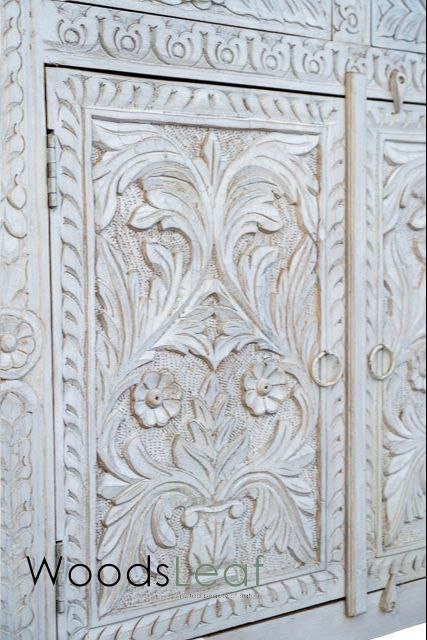Buffet sculpté à la main, unités de rangement d’armoire, finition en bois massif indien en détresse, meubles de chambre à coucher de salon, buffet sculpté à la main