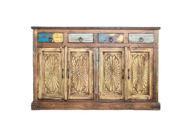 Buffet sculpté à la main, unités de rangement d’armoire, finition en bois massif indien en détresse, meubles de chambre à coucher de salon, buffet sculpté à la main