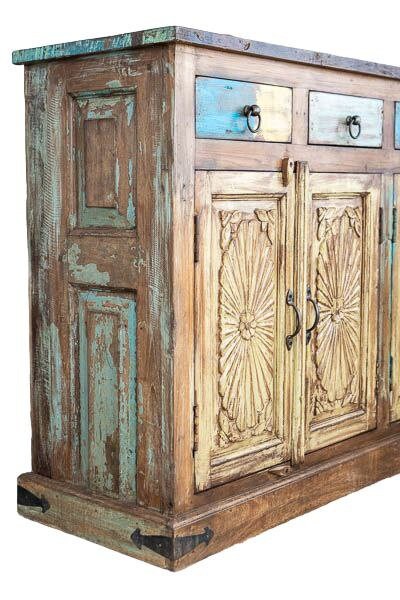 Buffet sculpté à la main, unités de rangement d’armoire, finition en bois massif indien en détresse, meubles de chambre à coucher de salon, buffet sculpté à la main