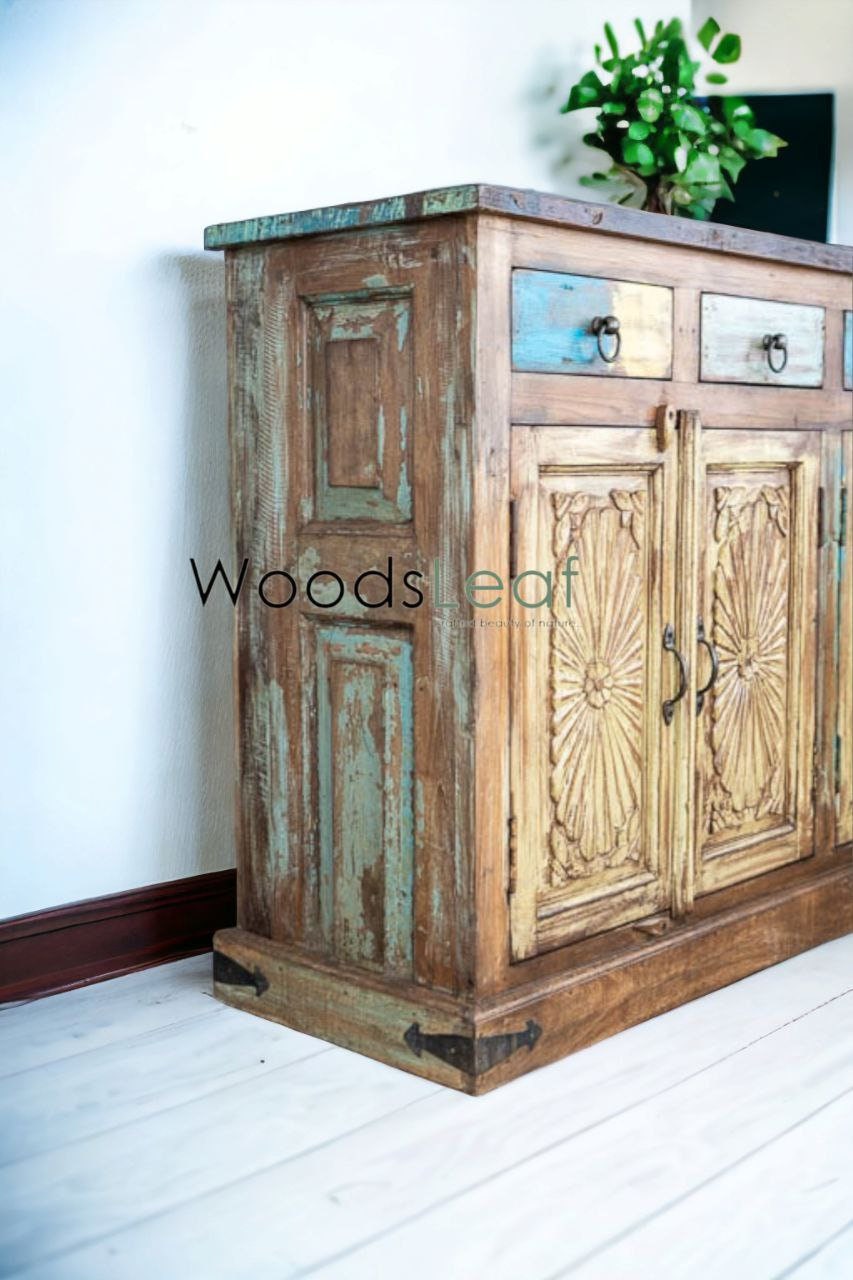 Buffet sculpté à la main, unités de rangement d’armoire, finition en bois massif indien en détresse, meubles de chambre à coucher de salon, buffet sculpté à la main