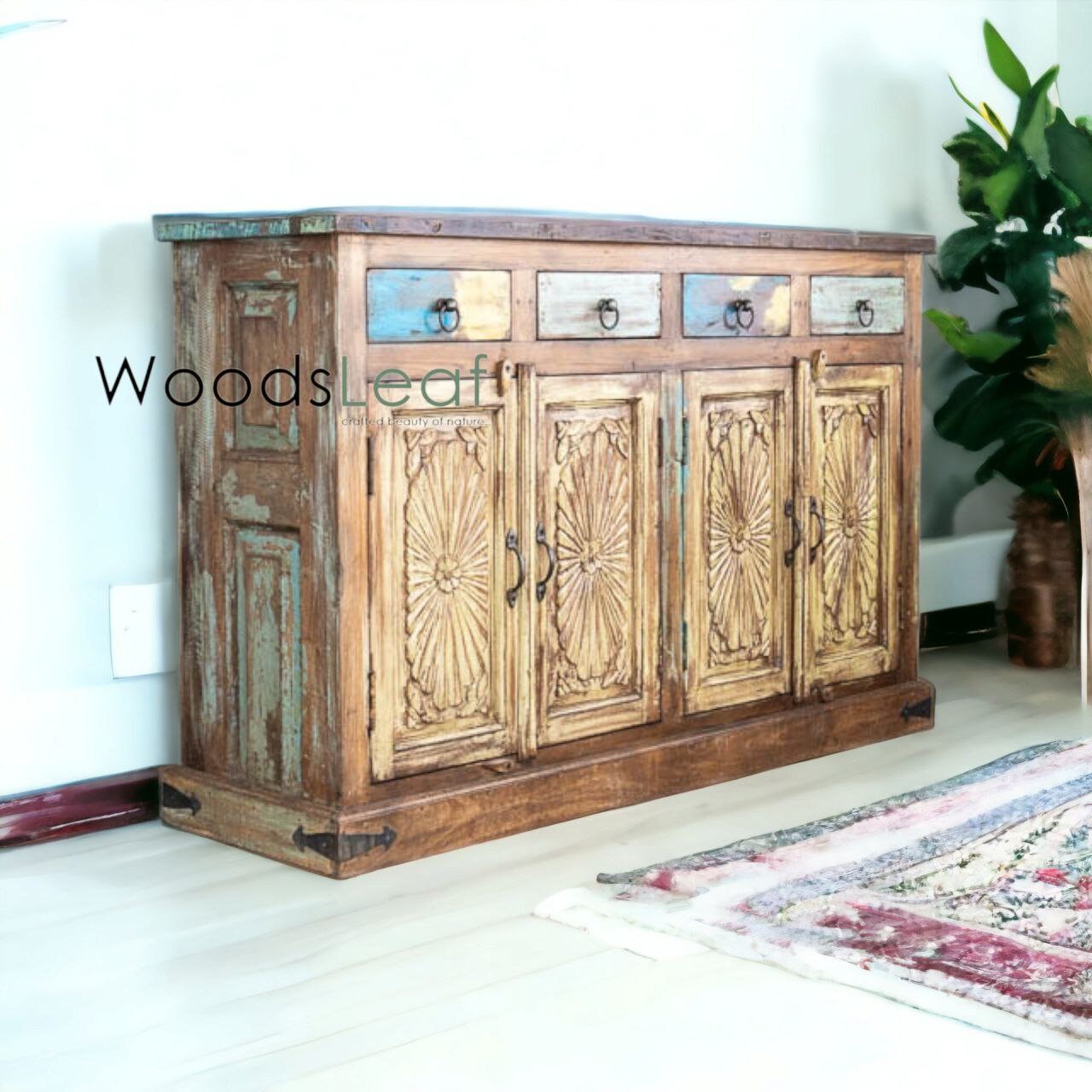 Buffet sculpté à la main, unités de rangement d’armoire, finition en bois massif indien en détresse, meubles de chambre à coucher de salon, buffet sculpté à la main