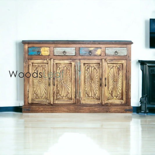 Buffet sculpté à la main, unités de rangement d’armoire, finition en bois massif indien en détresse, meubles de chambre à coucher de salon, buffet sculpté à la main