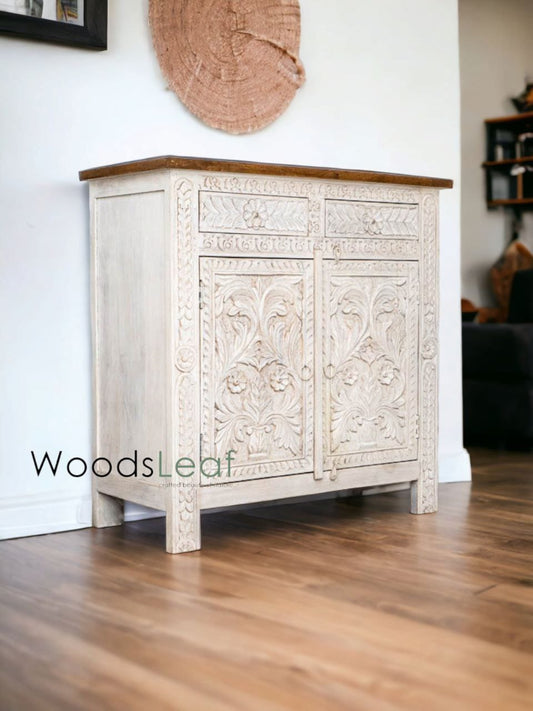 Buffet en bois fait main, unités de rangement d’armoire, finition en bois massif indien en détresse, meubles de chambre à coucher de salon, grand buffet 2 portes