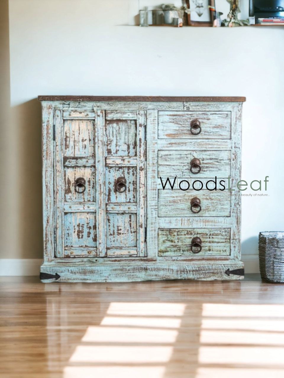 Finition en bois massif indien en détresse, meubles de chambre à coucher de salon, grand buffet, buffet en bois fait à la main, unités de rangement d'armoire