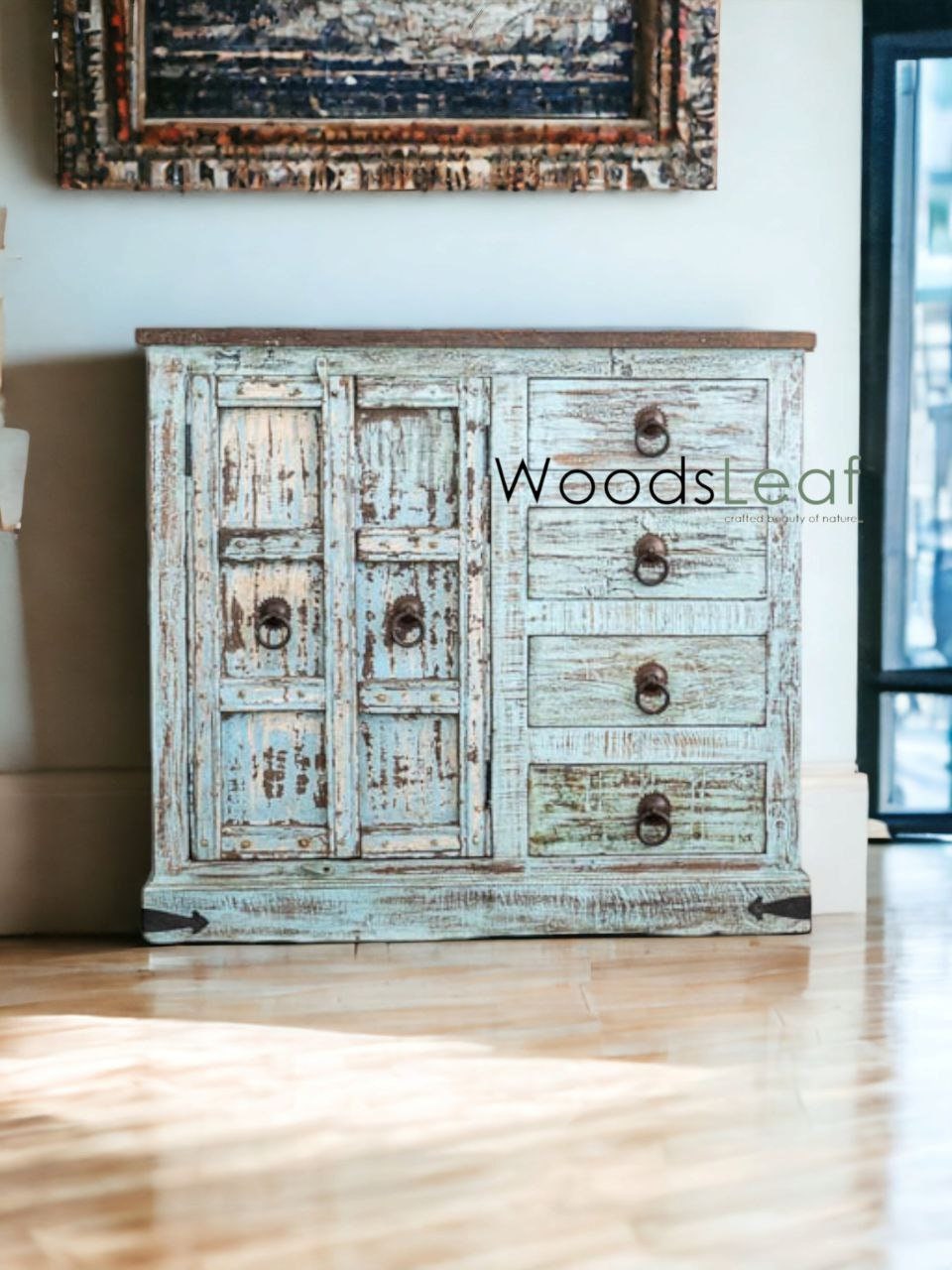 Finition en bois massif indien en détresse, meubles de chambre à coucher de salon, grand buffet, buffet en bois fait à la main, unités de rangement d'armoire