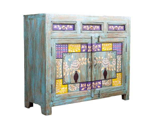 Finition vieillie en bois massif indien, meubles de chambre à coucher de salon, grand buffet, buffet en bois fait à la main, conceptions de fleurs d’armoire