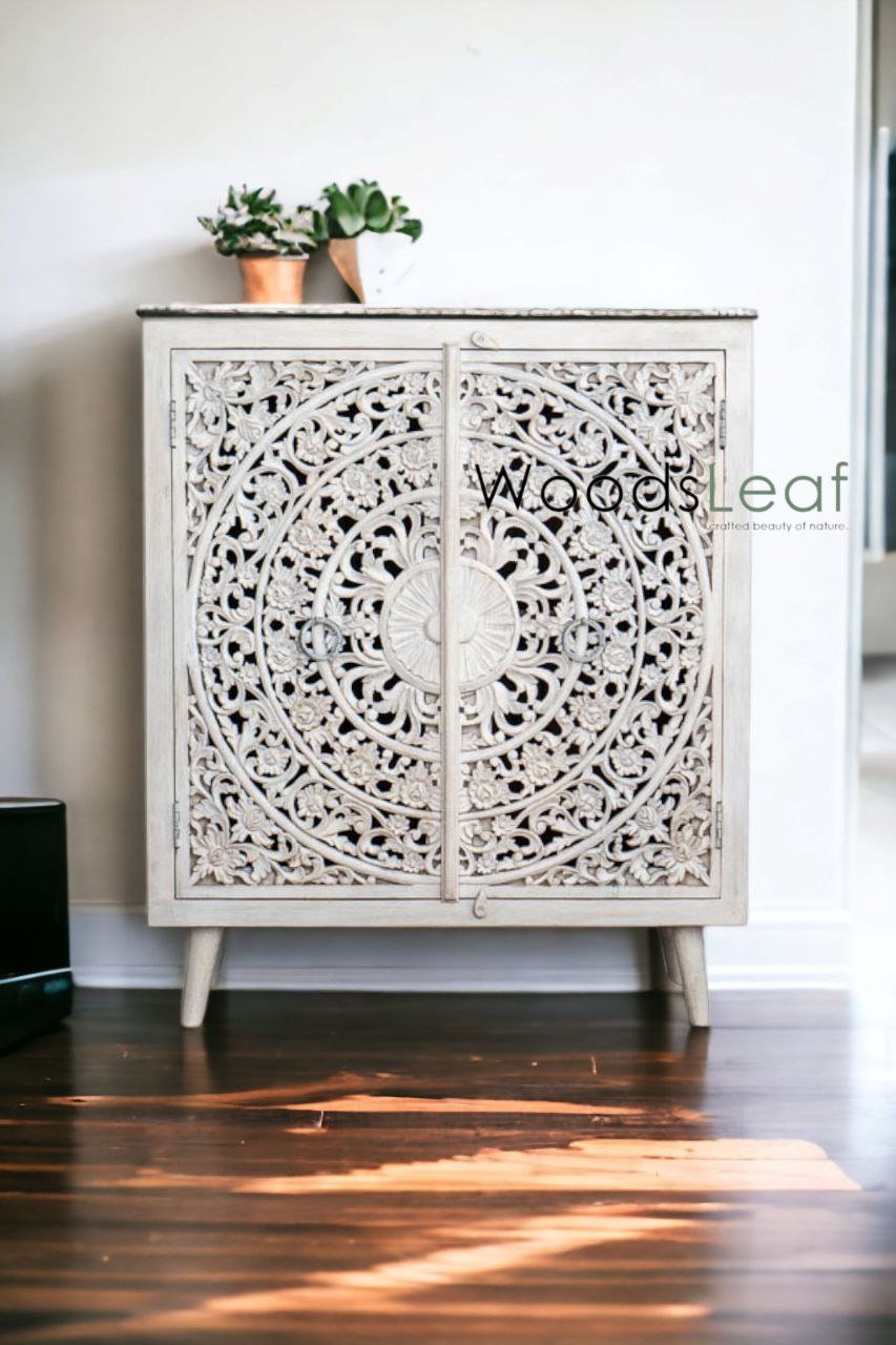 Finition en détresse, meubles de chambre à coucher de salon, buffet sculpté, buffet sculpté de fleurs à la main, unités de rangement d’armoire, bois massif indien