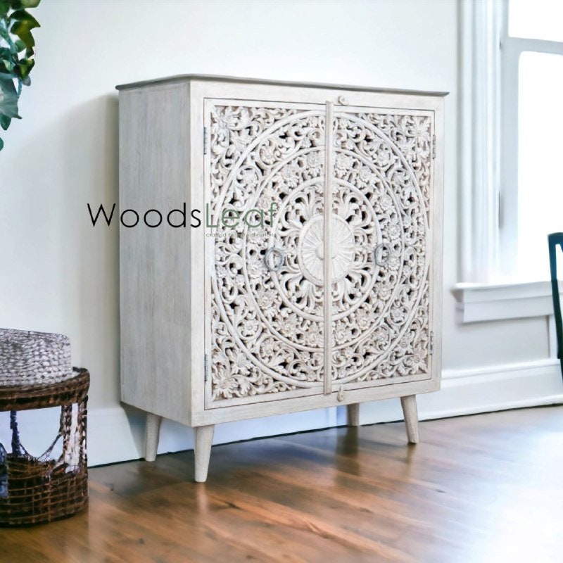 Finition en détresse, meubles de chambre à coucher de salon, buffet sculpté, buffet sculpté de fleurs à la main, unités de rangement d’armoire, bois massif indien