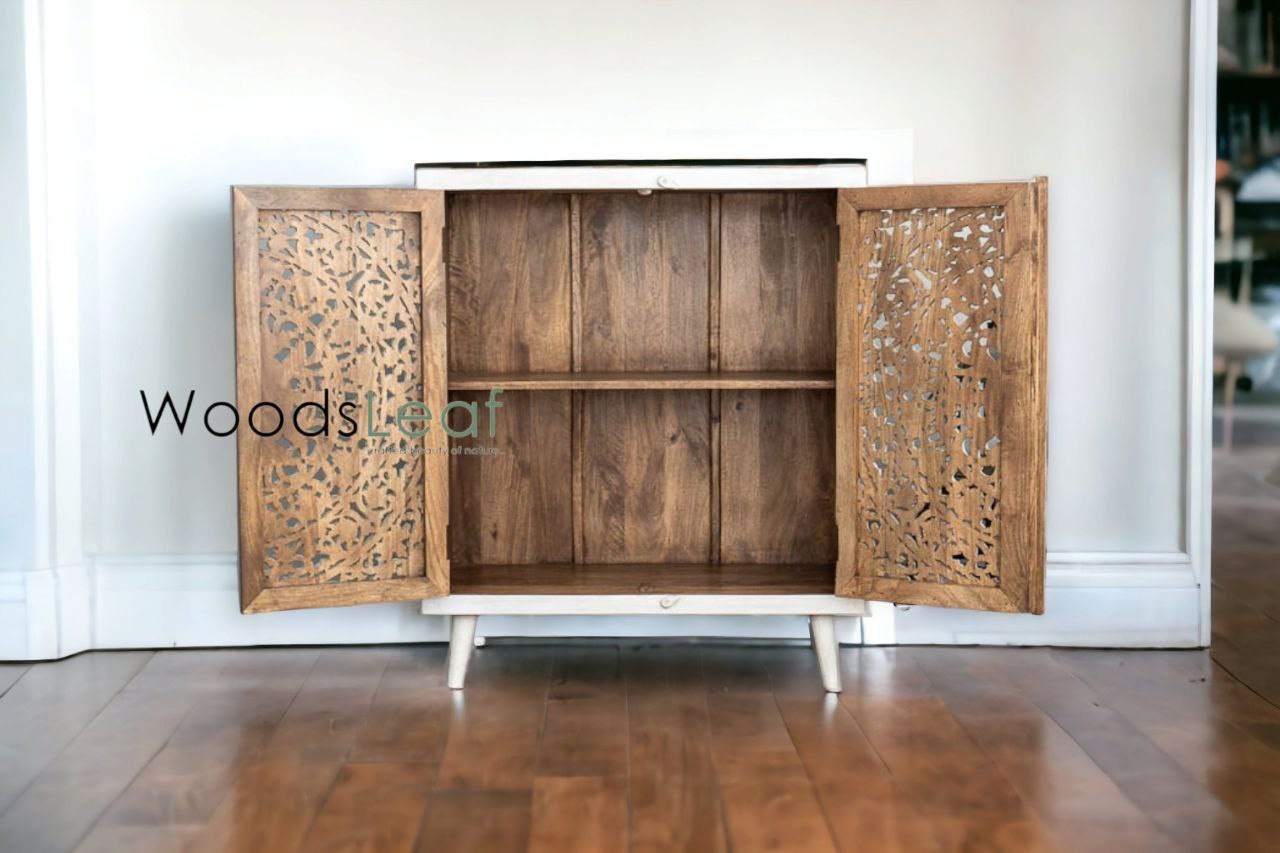 Finition en détresse, meubles de chambre à coucher de salon, buffet sculpté, buffet sculpté de fleurs à la main, unités de rangement d’armoire, bois massif indien