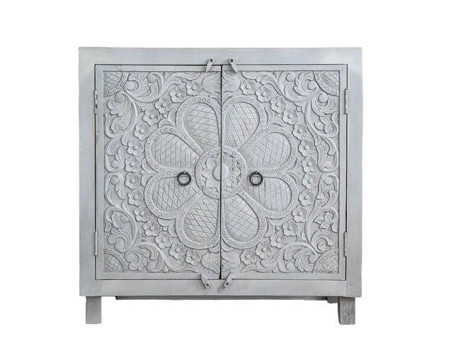 Finition en détresse, meubles de chambre à coucher de salon, buffet sculpté, buffet sculpté de fleurs à la main, unités de rangement d’armoire, bois massif indien