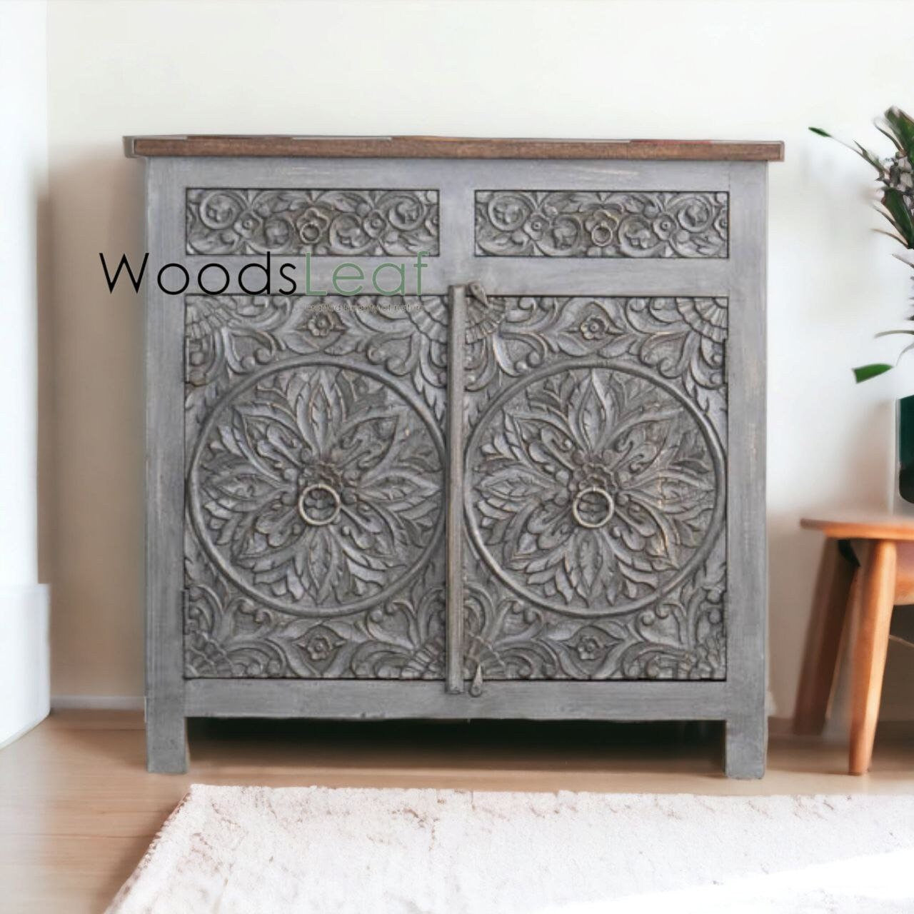 Finition en détresse, meubles de chambre à coucher de salon, buffet sculpté, buffet sculpté de fleurs à la main, unités de rangement d’armoire, bois massif indien