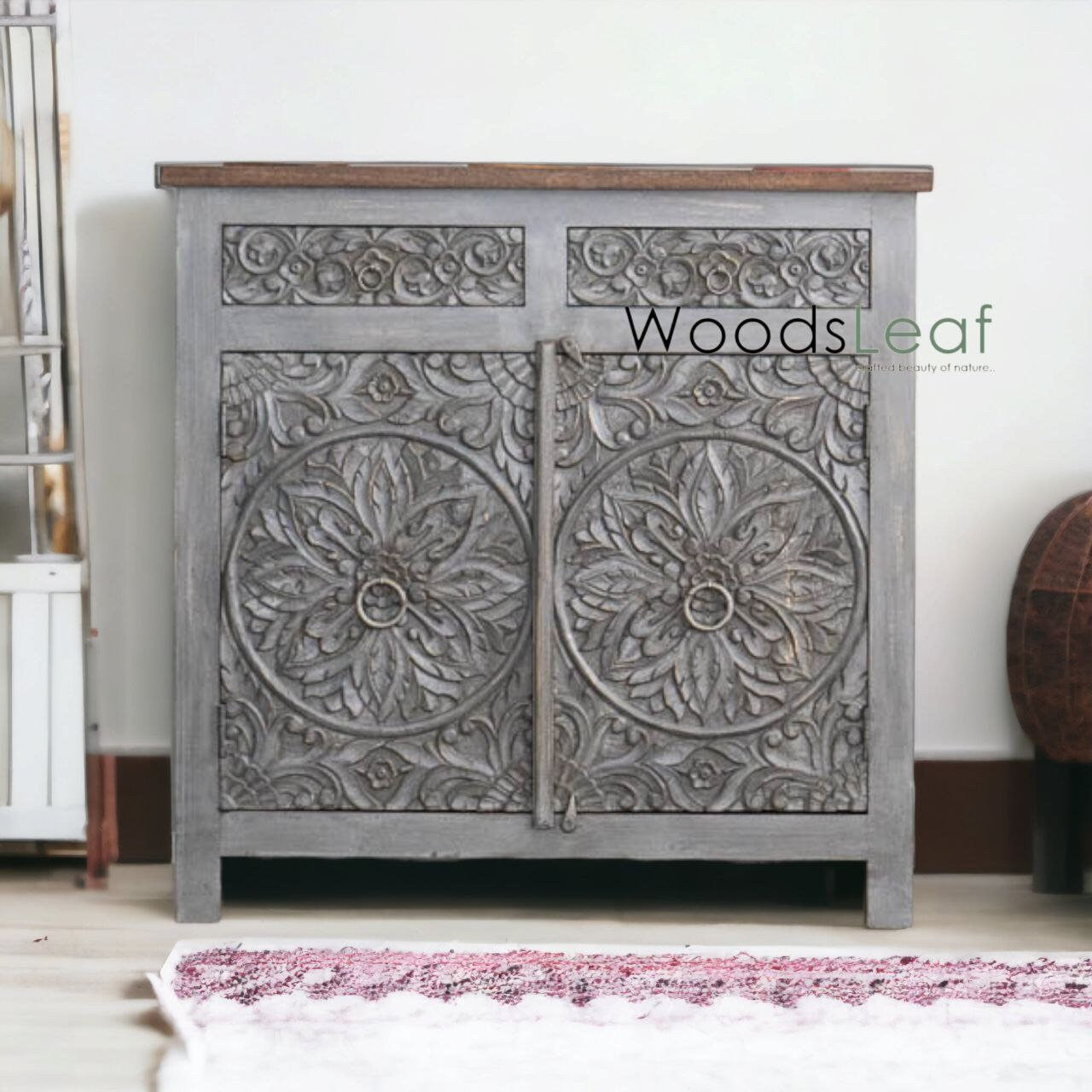 Finition en détresse, meubles de chambre à coucher de salon, buffet sculpté, buffet sculpté de fleurs à la main, unités de rangement d’armoire, bois massif indien